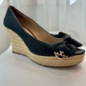 Tory Burch black wedge open toe heels.